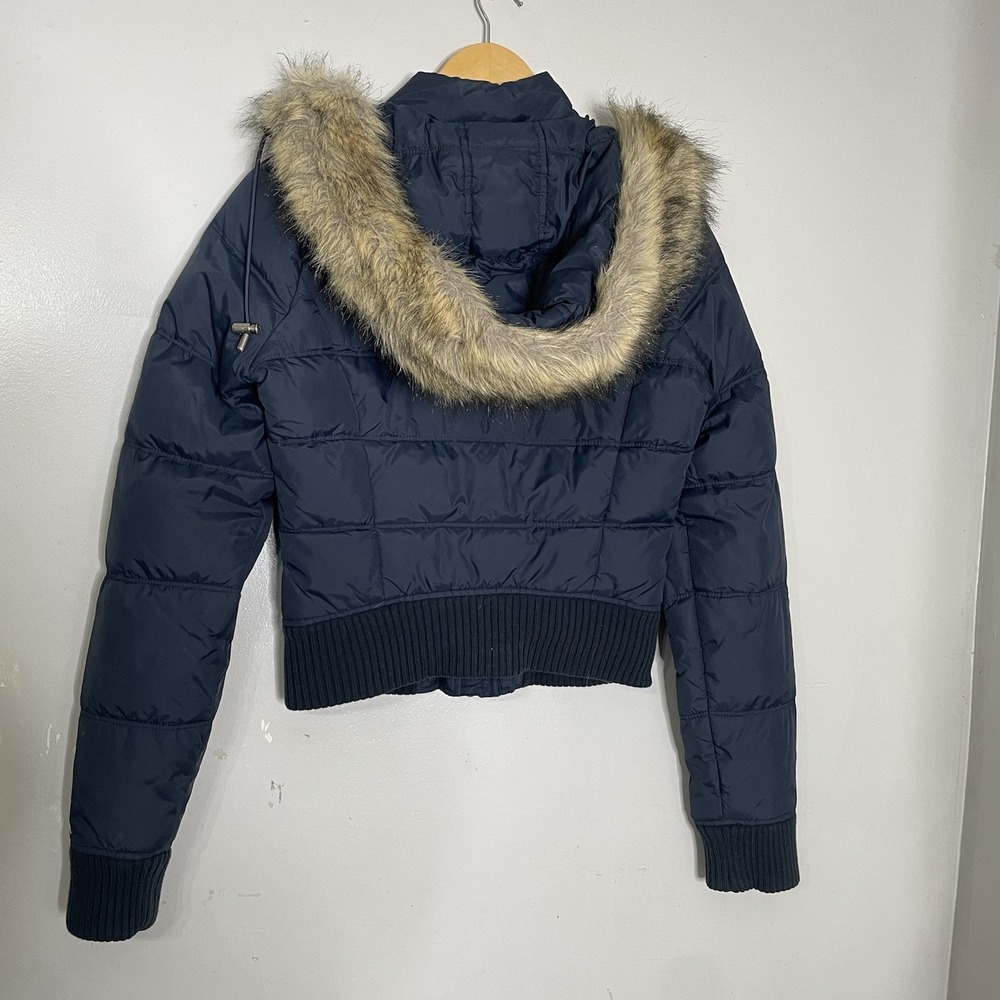 VTG Abercrombie & Fitch Cropped Jacket M Y2K Blue Faux Fur Trim Hood Down Puffer - Picture 2 of 9